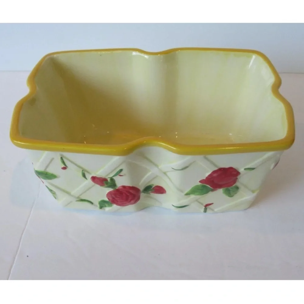 Yellow Old World Rose 8 Pc Set 2 Ceramic 1 QT Plates Lids Baskets